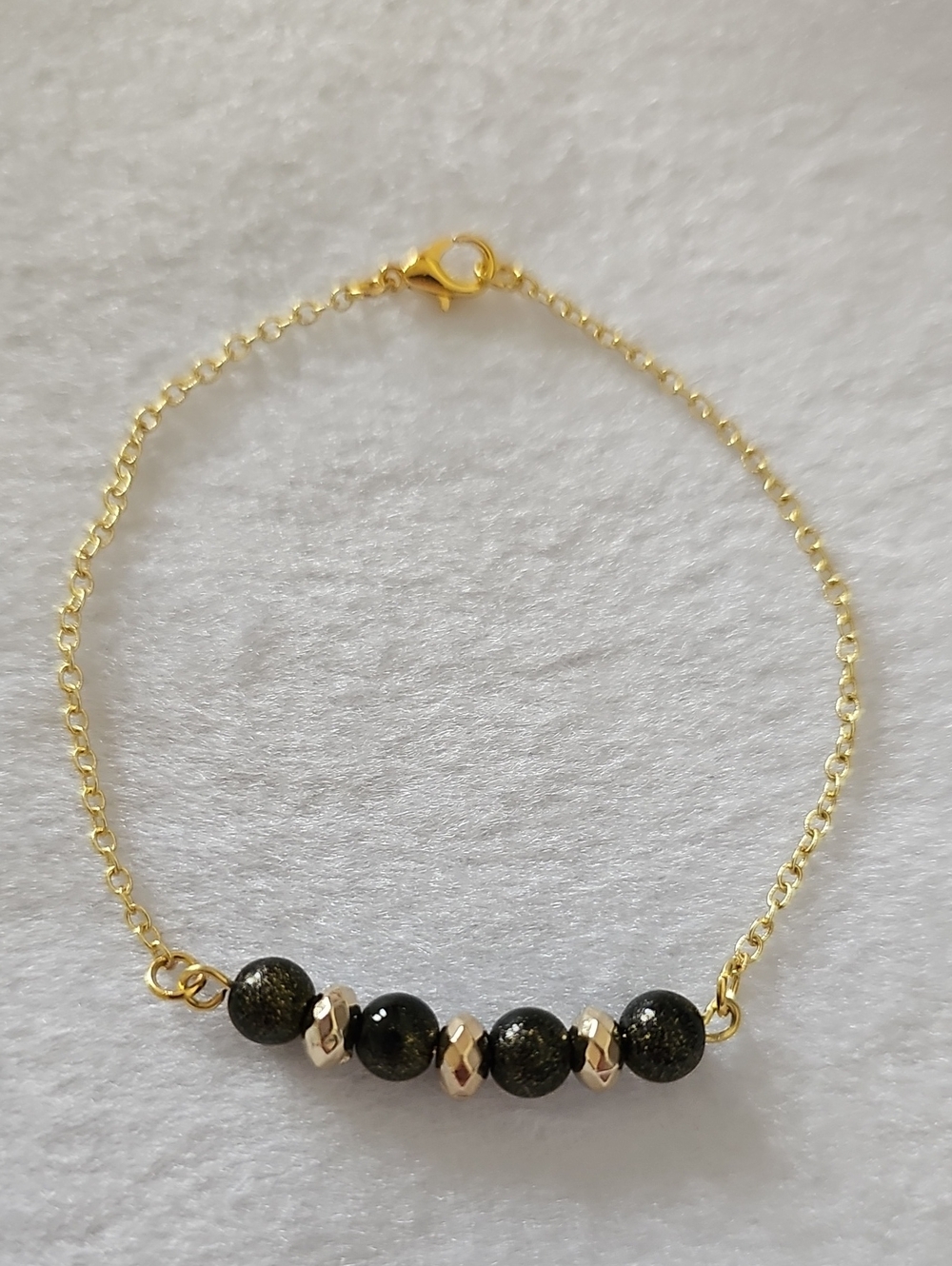 Gold Chain Bracelet with Black Glass Beads